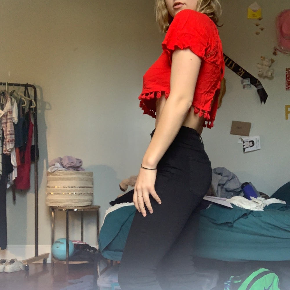 Red Pom Pom embroidered crop top SOLD